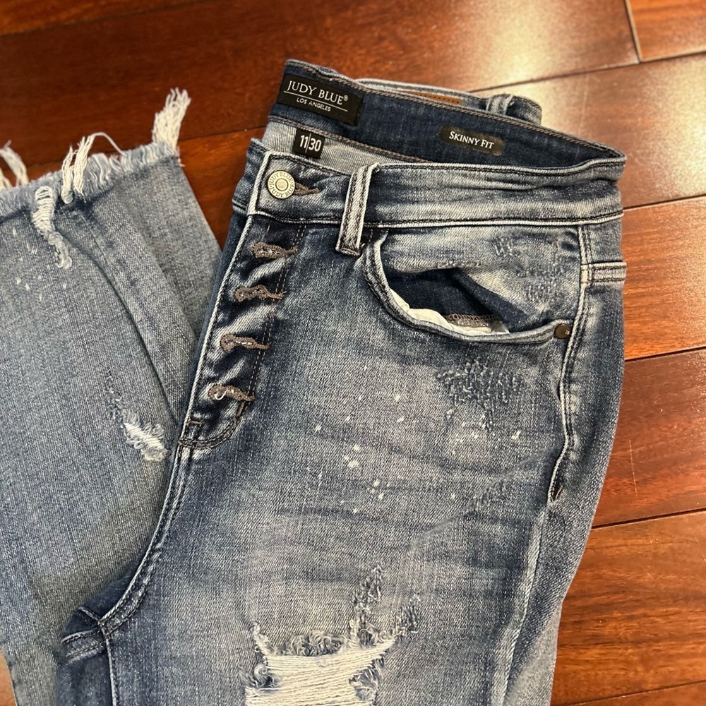 Judy Blue Distressed Skinny Jeans High Rise Stretch Frayed Hem-Women’s - Picture 9 of 11